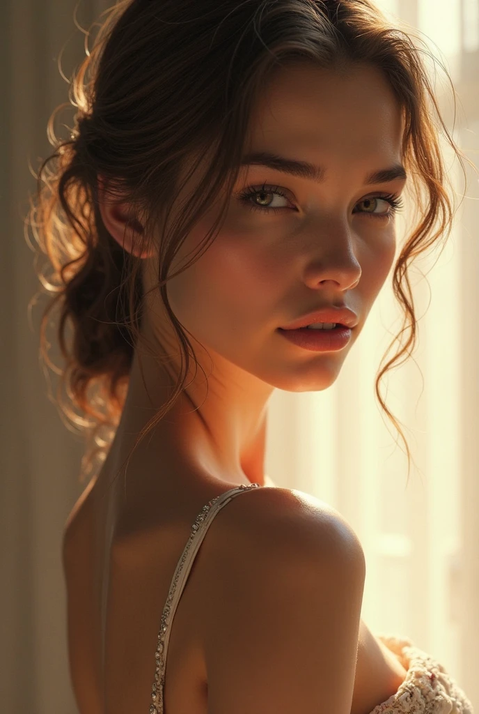 (((ultra realistic))) Photo, masterpiece, top quality, (pale skin), (Ultra detailed face and eyes:1.3), 1 girl, Adult, in a sheer silk T-shirt, full body, (Eye makeup, mascara) , ((large detailed lips)), ((ash wavy hair)), ((Chyolka)) , (Natural breasts), (hard nips), Slim waist. ((Posing)), photoshoot, studio (soft lighting), (The play of light and shadows), depth of field, bokeh, (special attention to skin detail: 1.2), Detailed leather texture, skin pores. (Airy atmosphere of the frame. Color range - delicate, Bright, white, Pink tones), UDR, ((Film grain)), ((rays)), ((glare of the sun)), ((waist up portrait, close to the camera)) , ultra detialed,