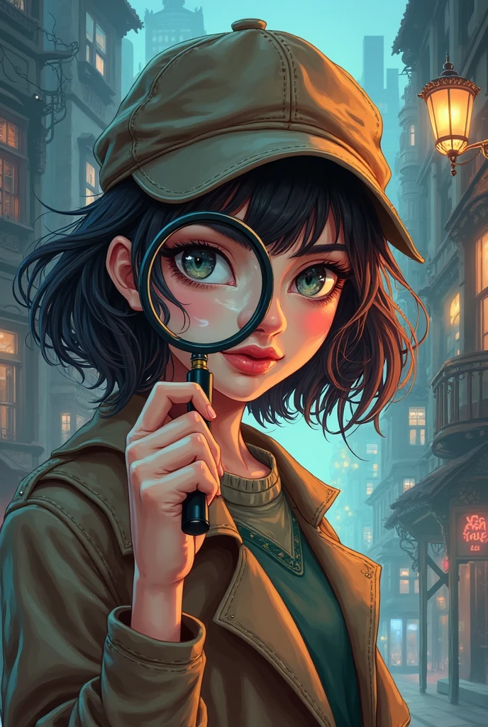 
 ((アニメ))Steampunk style teenage girl in top hat with mechanical gadgets and steam punk style glasses smoking a marijuana joint , on a hill at night the sky is starry and the moon is a blade of grass 