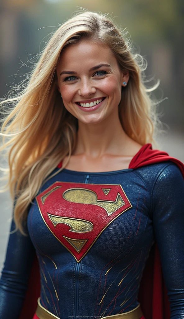powerful, kind, attractive, smiling and confident; Paula Patton Supergirl 1984s movie costume;  HD. Photograph, ((realism)), extremely high quality RAW photograph, ultra detailed photograph, sharp focus, high resolution, (detailed skin:1,3),high quality, film grain, Fujifilm XT3,Highly Detailed, movie, (Cinematic Photo:1.3) of (Realistic:1.3). Super breasts.