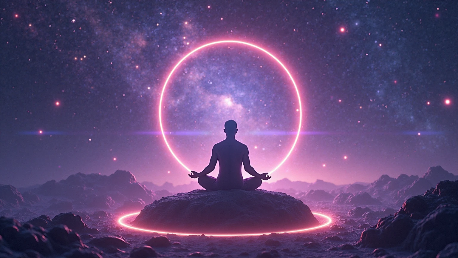 Shining chakra energy floating within the human body。represents the flow of cosmic energy.。Each chakra glows a different color、overall in balance。Silhouette of a person meditating。