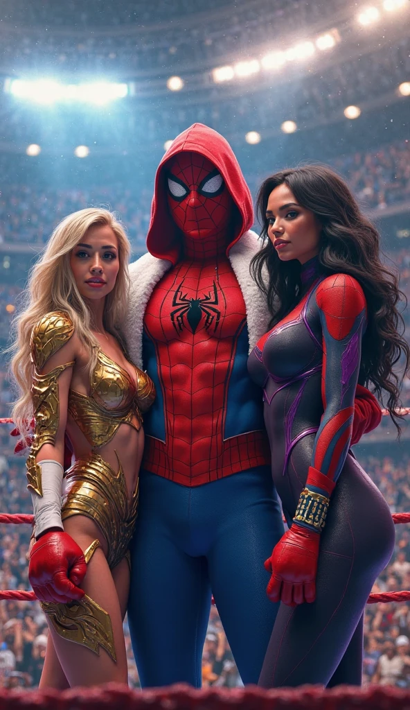 Three gorgeous women (varied height, varied weight, varied race, wearing a towel or less, crazy hairdo, crazy jewelry, tend towards fit and hourglass figure) they are flirting with Spider Man, women's locker room. Spiderman has webbed a villain to the wall, he is embarrassed by the women's attention