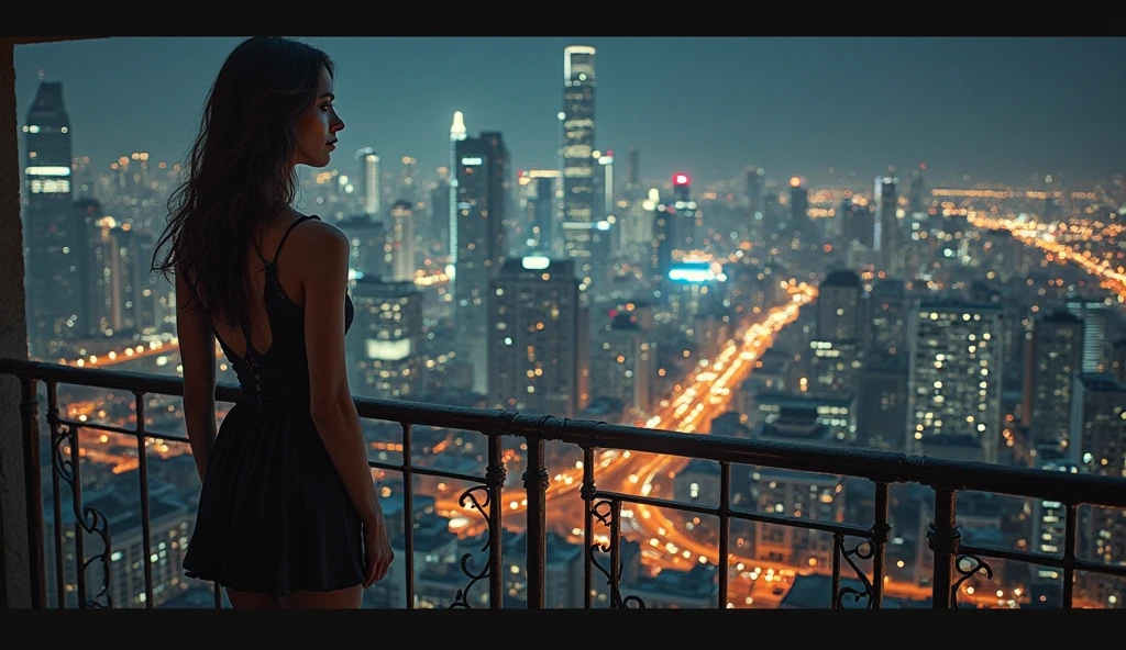 Night after rain。Spectacular night view of the big city。From the roof of a high-rise building、A beautiful woman gazing into the distance with a cup of coffee。Futuristic superhero look。The lonely look of。