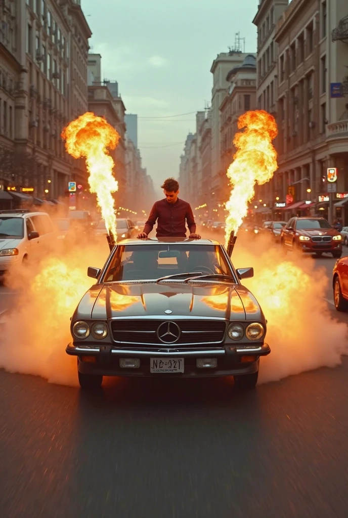 Create a thumbnail for the music video street kings holding baseball bat on top of taxi another second fire torches, one of them two breathing fire from their mouths, a main one singing crouched down, women in sexy clothes, night ambience