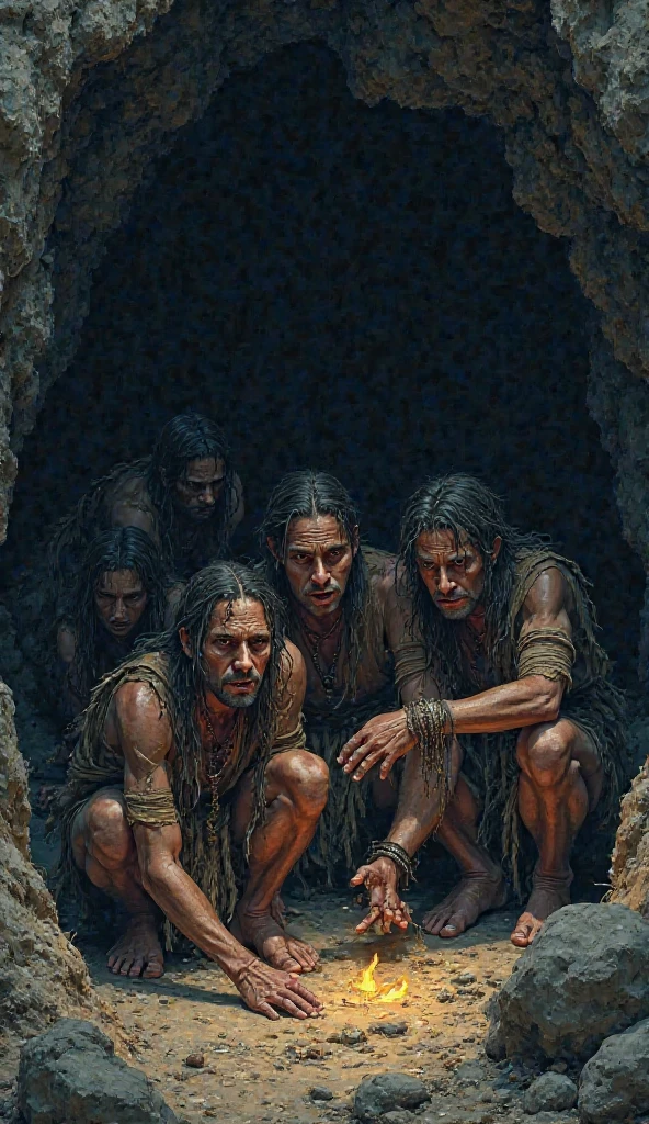 group of men prisoners crouched claustrophobic prison yard quarry mountain desert Sahara, very tanned primitive short beard brutish sad Neanderthal Russian young men wearing loincloth and barefoot, flaxen blond