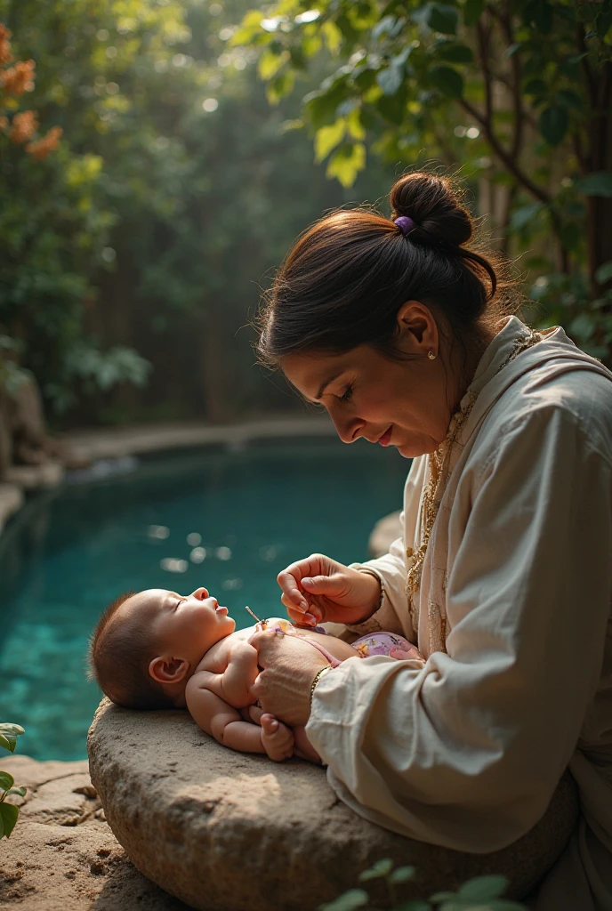 I want an image of when a newborn  is baptized in an English woman 