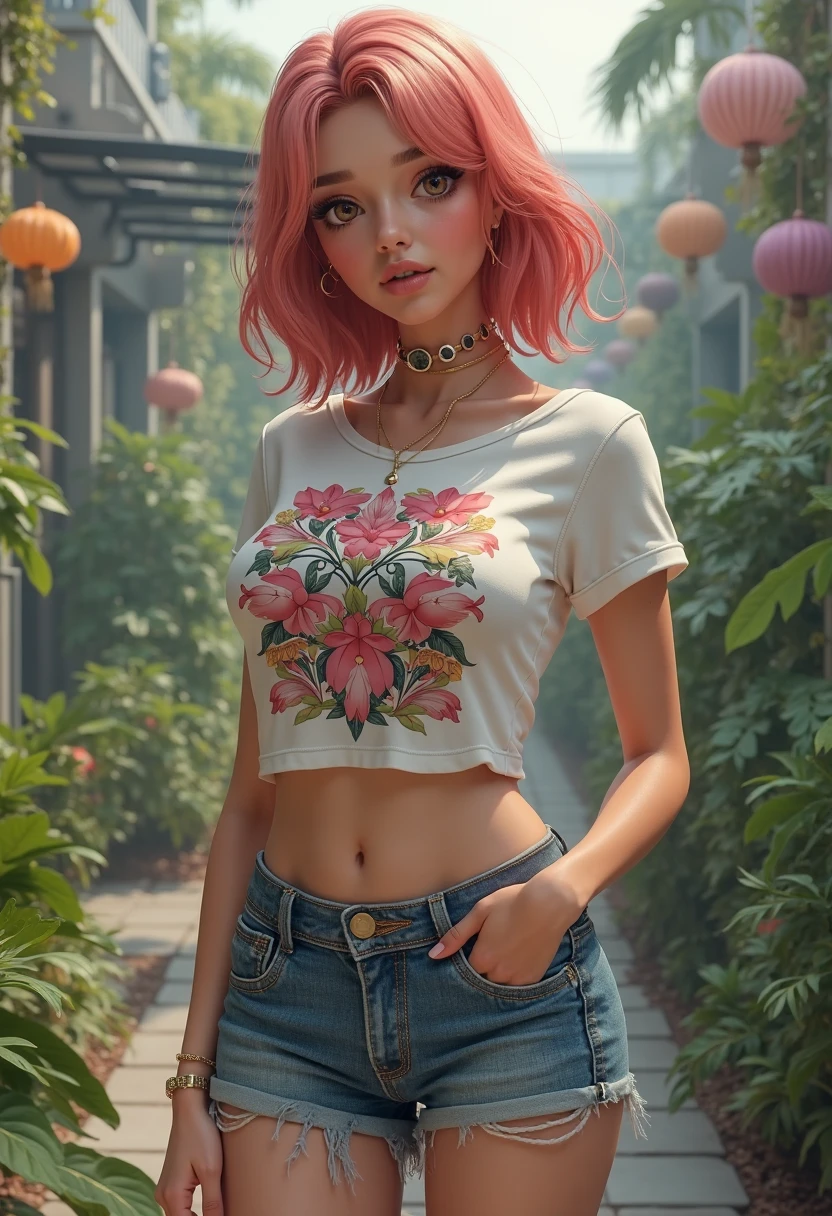 Best quality, masterpiece, ultra high res, (photorealistic: 1.4), raw photo, 1girl, hillbilly style chadrez t-shirt, short shorts, field of flowers in bloom, bright skin, light smile, cherry blossom, digital art, best quality, pink tones, pink flowers