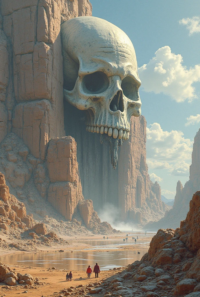 Full of skeletons, a huge skull made up of many remains, mouth is the entrance, barren, dim sky, cinematic footage, HDR, rugged terrain --auto --s2