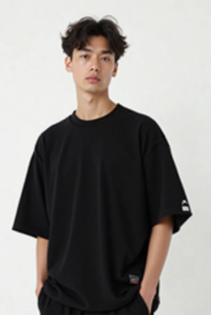 Male model facing front with hand in pocket, fair skin, wearing oversized black men's t-shirt
3 cm collar, ribbed knit
Sleeves and label on sleeve, and the label color must be red, white background