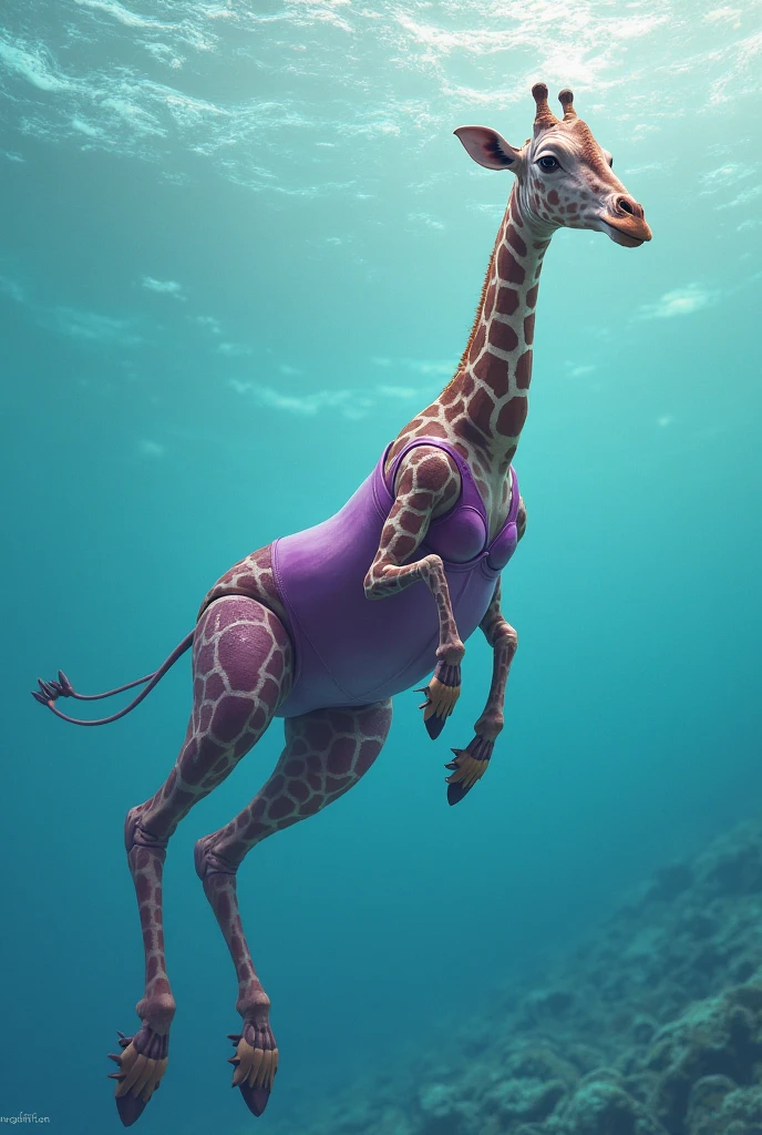photorealistic portrait of Dressed animals - a (fat) giraffe swimmer,(hands on hips:1.5),(happy smile),(furry), high quality,(lovely) ,intricate details, highly detailed (Competitive black swimsuit), swimming cap and goggles, pool background, (happy), perfect lighting,(full body image:2.0)