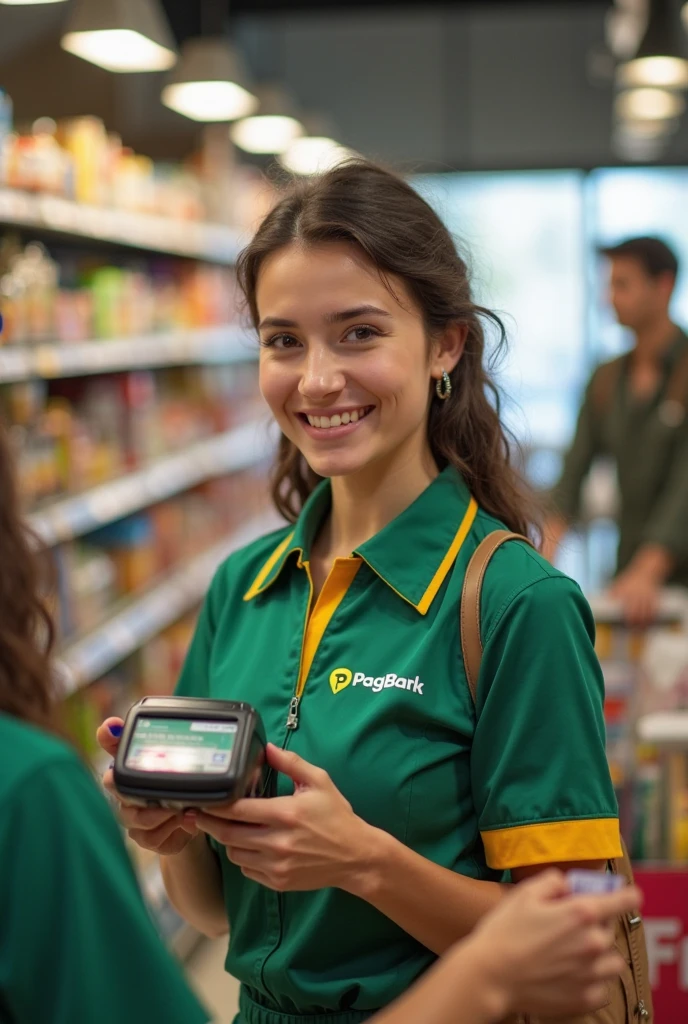 (medium full shot) of (organized cashier) young woman, slim build, long hazel half-up half-down hair, mexican, tan skin, light brown eyes, checking prices, wearing a red apron dress, flats, light foundation clear lip gloss, keychain, set in a large department store, with multiple sections, stylish displays, an array of products, at night,, woman smiling, ,Masterpiece,best quality, raw photo, realistic, very aesthetic, dark