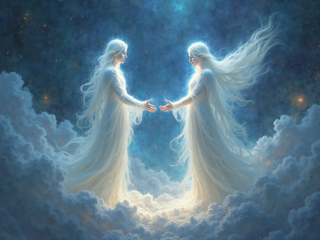 Pisces, blue and white star realm, twin gods, mirror image, mermaid, ten fingers tightly clasped, radiating a blue and white light all over,4K
