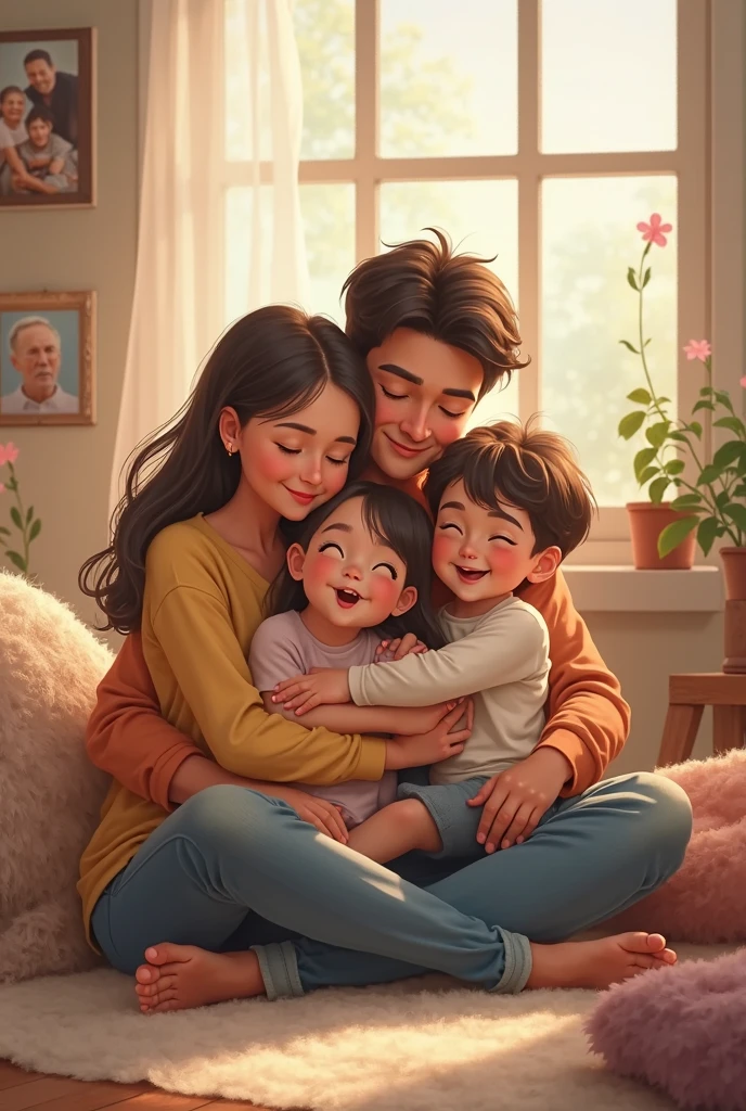 Illustrate a YouTube Short that focuses on the family's grief after hearing the news of cat  Whiskers’ death. Show family of cat holding each other and crying, but also include a moment where they look at a photo of Whiskers and smile, remembering his bravery."