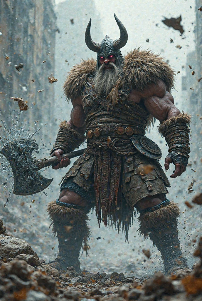 Make a Viking warrior wearing bone armor, carrying on his belt the skulls of other beings, with a black magic axe in his hands