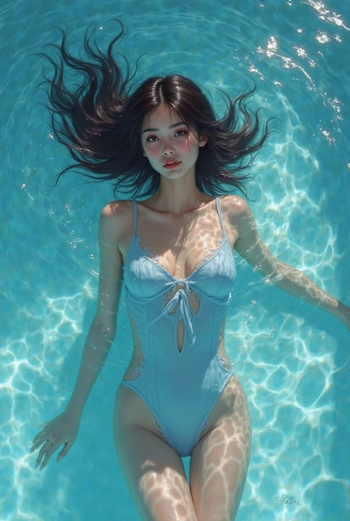 Generate a hyperrealistic image with a magical realist style of a young woman in a swimsuit. She is submerged in crystal-clear water, and her reflection in the water shows an angelic version of herself with wings and naked. The image should burst with colors, uniquely combining pastel tones and dark colors to create a magical and evocative atmosphere. The young woman should be in a tranquil and serene pose, with gently rippling water around her, reflecting the blue sky and clouds with a touch of surrealism