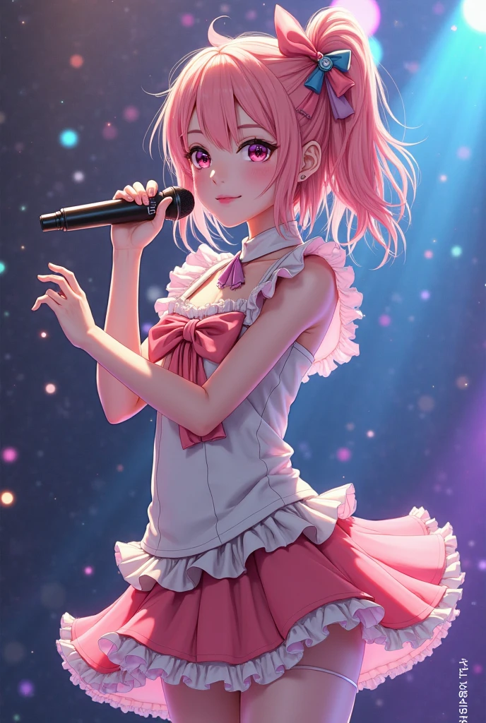 masterpiece、Soft Focus , Bright gradient watercolor、Tabletop, High resolution, 8k, Anime Women, Delicate and detailed writing 、Detailed digital illustration、high resolution, high quality、Detailed Background、Close-up photo、(Two Idols:1.5)、
long hair、Shiny Hair、Bright pink hair、bangs、Very beautiful woman、Idol、Double Eyes、(flat chest:1.5)、
(((Two arms、Four fingers, One thumb)))、Detailed female face、(Holding a microphone:1.3)、Singing on a microphone、pink ribbon、pink rose hair accessory、pink and white outfit、(Idol Costumeini)、 short skirt、(see-through nipples:1.1), (see-through pussy:1.1),(pubic golden hair:1.3)

