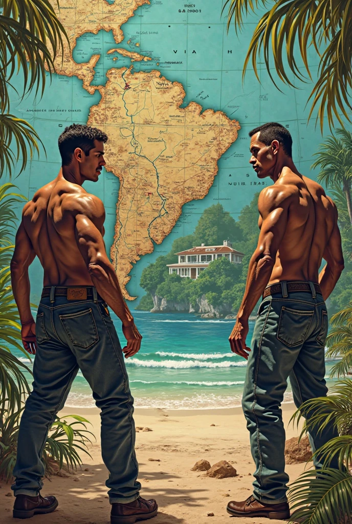 Realistic image of attractive mulatto skin man of Latin origin with hairy statuesque body with trivial tattoos without underwear with attractive realistic big penis sitting on Mayan monument in tropical jungle with luminous background next to two black panthers