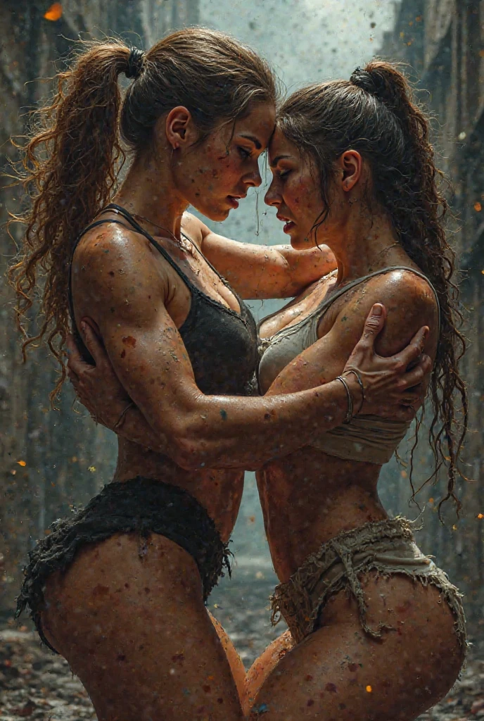 two sweet witches pressing naked breasts together, identical faces, muscles, eyes closed, hazel hair, freckles, swimming in mud, beautiful, love, warm lighting