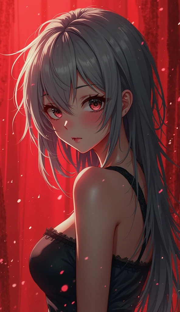 (Japanese anime, slender, glossy, light and shadow, shadow, tsundere style), best image quality, silver hairstyle, red eyes, monochrome background, panties, lingerie, sexy.