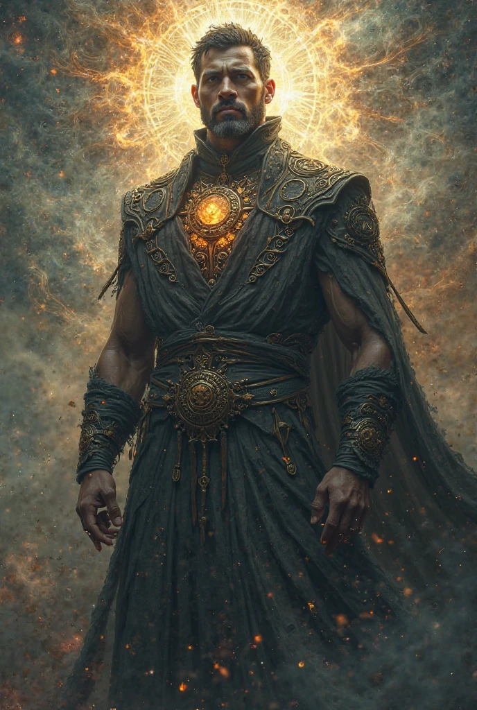 Young black man in elf wizard clothing and powers to control time from a giant floating clock on his back. In his hands he holds two pointers 