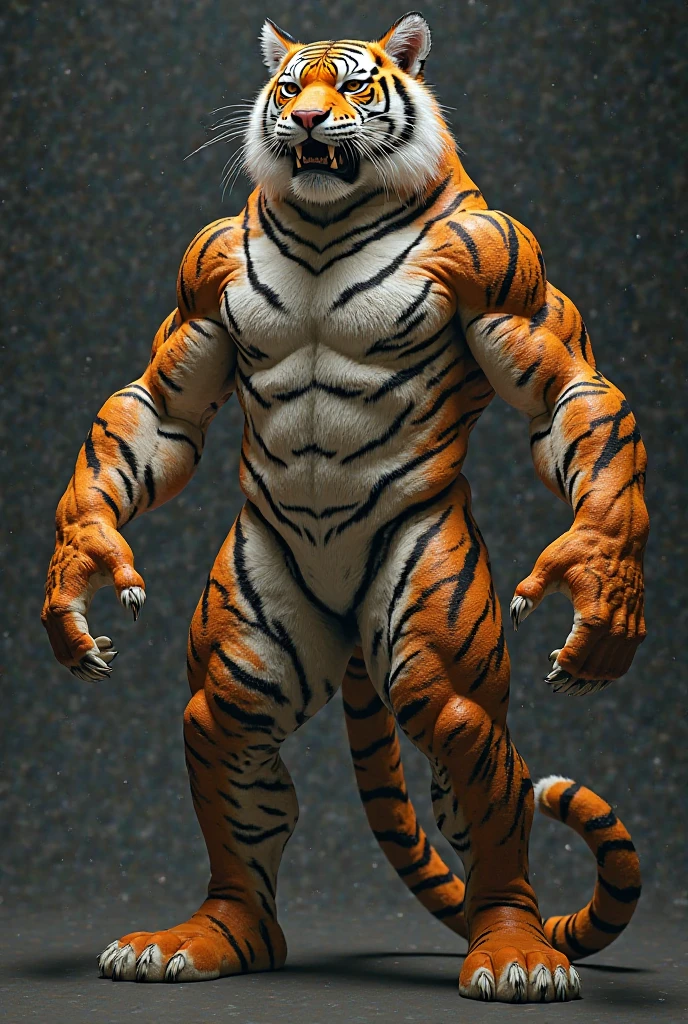 A tiger with a swollen belly as if pregnant、Wild ferocious tiger、Animal golden tiger body、Shaggy body hair、Silver shiny mane、Shaggy hair all over the body、Pointed tiger ears、Very short legs、A thick blue hose in his mouth、A very thick blue hose、Very long hose、Big blue anime eyes、Extremely developed and enormous muscles、Unnaturally large pectoral muscles、Abnormally developed beautiful abdominal muscles、Full body muscles like a bodybuilder、A body that fills the screen、１Book tail、Very displeased look、Very angry look、White Breath、steam、Gritting teeth、Lots of pubic hair、Lots of chest hair、A lot of belly button hair、Lots of belly hair、Very thick hair all over the body、Diagonally looking down from above、とても狭くて汚れたLaboratory Background、Laboratory Background、Standing straight pose、Stick-standing pose、Diagonal landscape angle、Dirty loincloth、Huge bulge in crotch