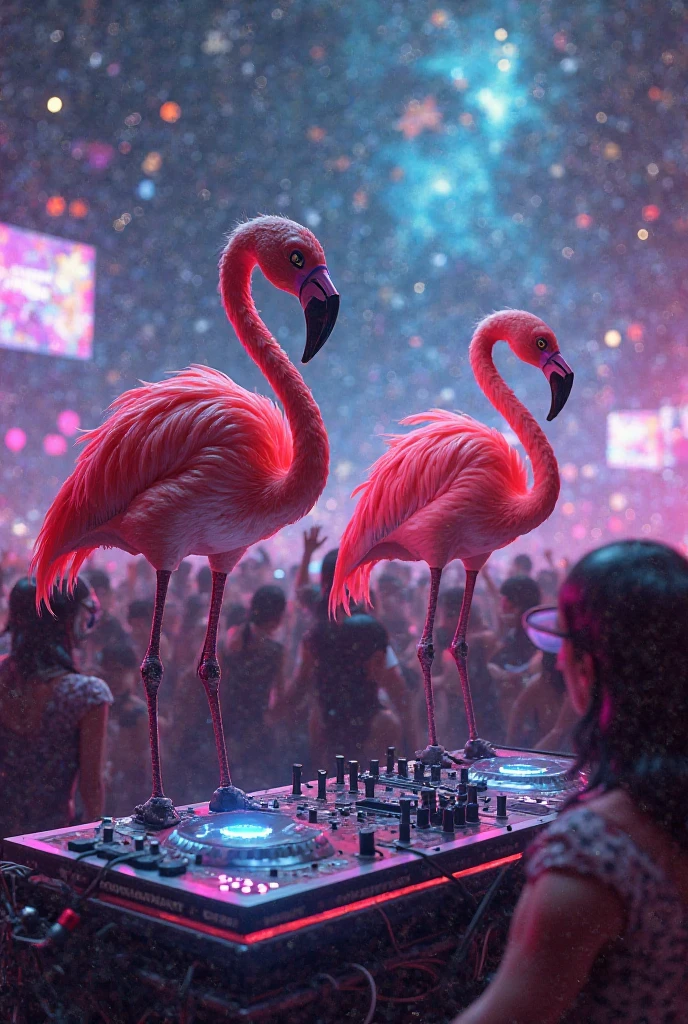 on a party a cool pink flamingo is having fun with drunken girls, beer, laser, dj, high detail