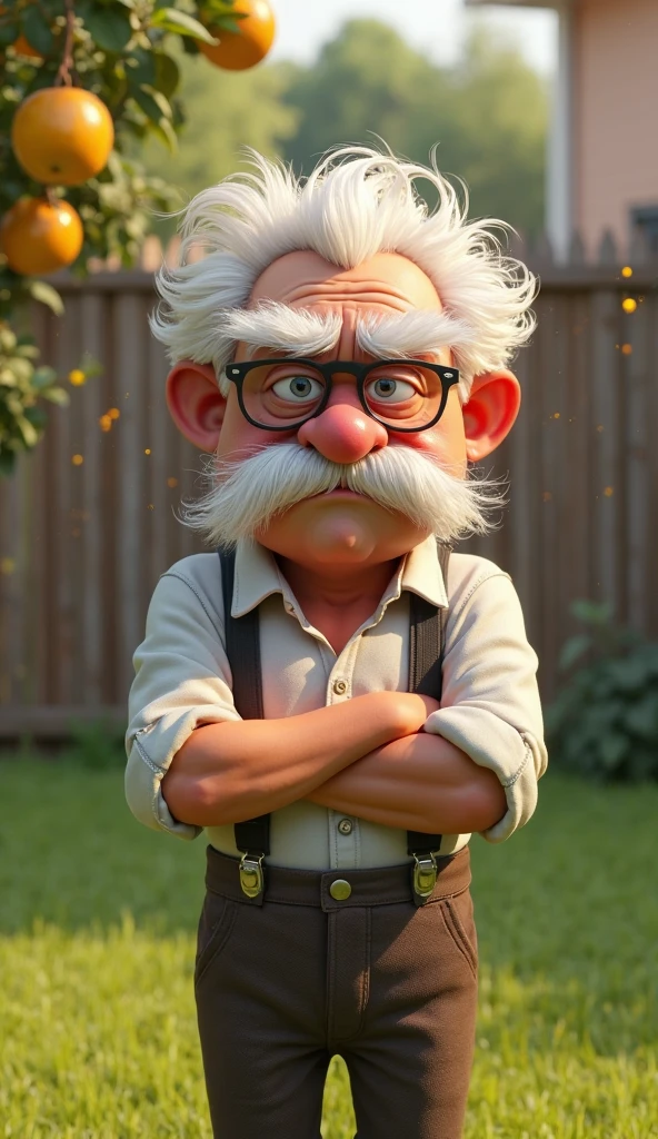 A highly detailed 3D cartoon-style image of a grumpy old man standing ...
