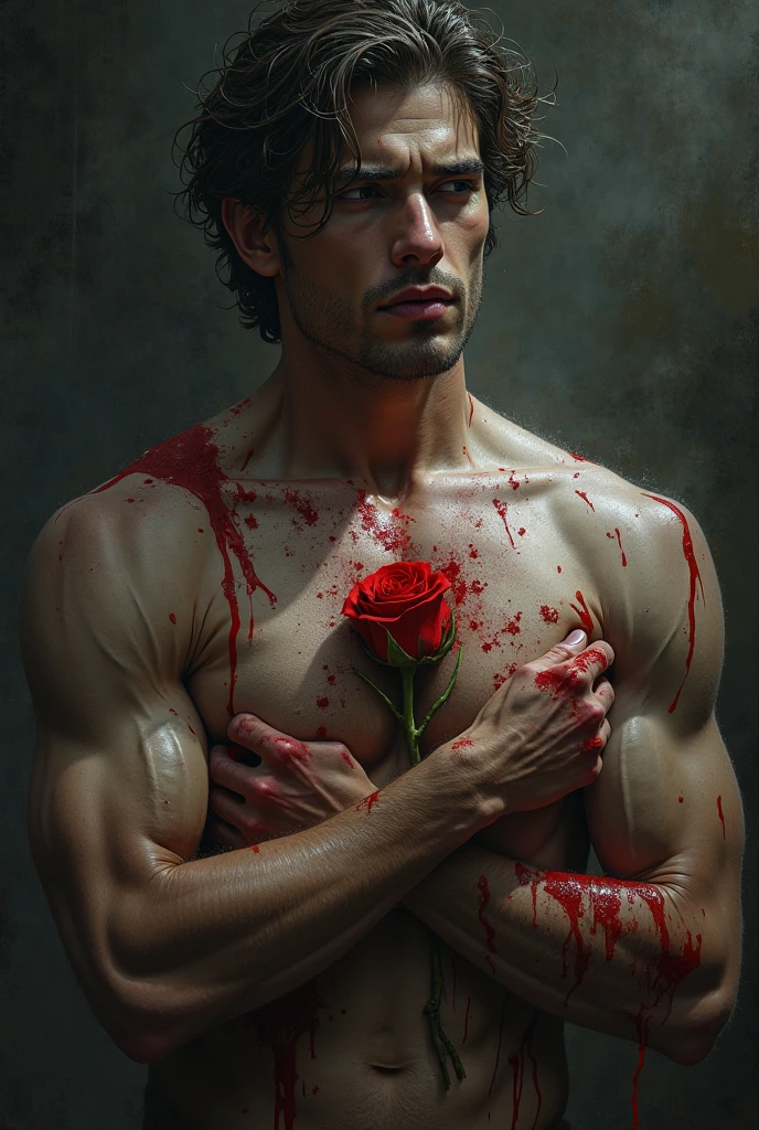 in roberto ferri art style, "the lover", fullbody, a young latino man standing, soft colors, with a look, shirtless, pantless, smiling, sexy gaze, perfect anatomy, holding a rose, realisitic skinny detailed muscles, muscled legs, handsome, gorgeous, man adventurer, latino, rose, smirk, short bob haircut, ruffles, silk, reach intricate background, realism close up portrait, oil painting, masterpiece, shadows, expert, insanely detailed, 4k resolution, caravaggio, john william waterhouse, By Caravaggio colours, chiaroscuro, mtg, dnd, fantasy, Mysterious