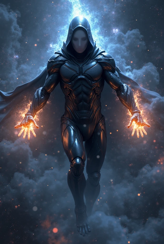 Make an omnipotent being who carries darkness, with a bright stripe that crosses each eye and goes down to the cheek, holding a sphere of pure energy