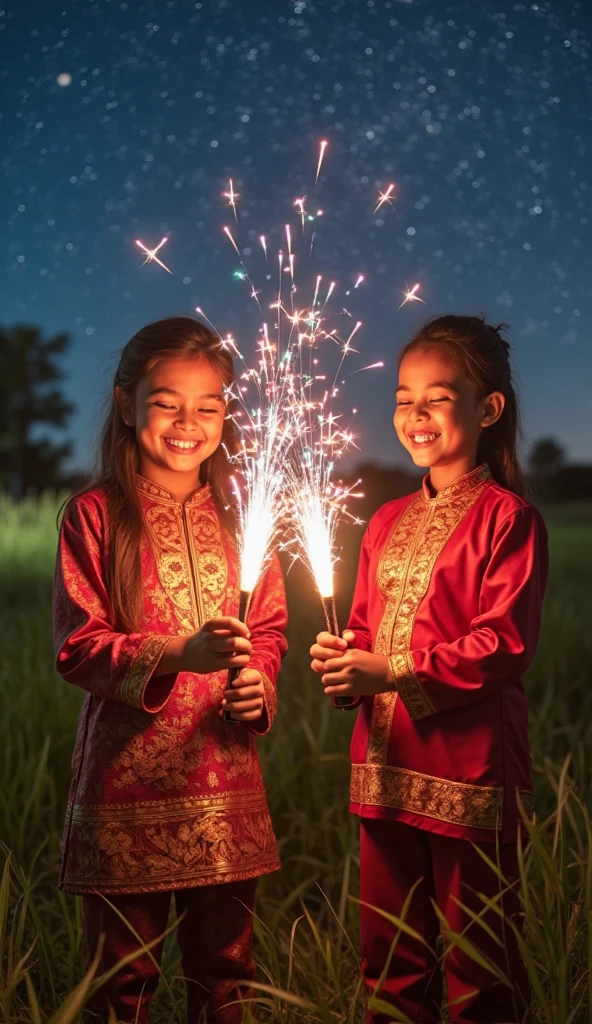 Festa Junina in northeastern Brazil at dusk, bonfires lit and children playing with fireworks