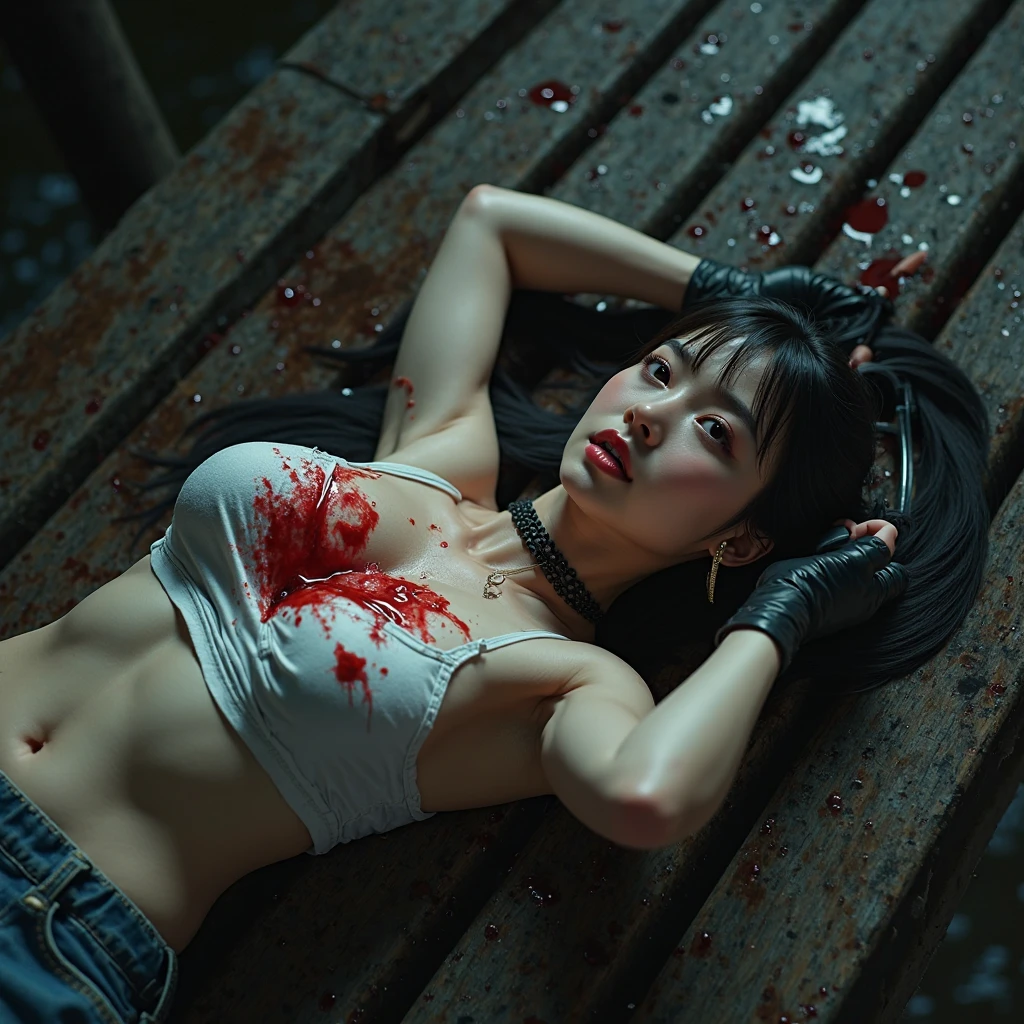 masterpiece, Highest quality, View your viewers, In-person audience, barefoot, One girl, alone, Upper Body, bow, Seraphim, Disgusted face, at night, heavy rain, Outdoor, city, Crop top, belly button, Wet clothes, drenched, overly too long sleeves, Put your hands in your sleeves, Tears of Blood, Bloodstain, Dark Alley, Blood splattered on the ground, Red bright light, Glowing Eyes, Depth of written boundary,Holding a knife,Red Sky, atmosphere,Perfect hands