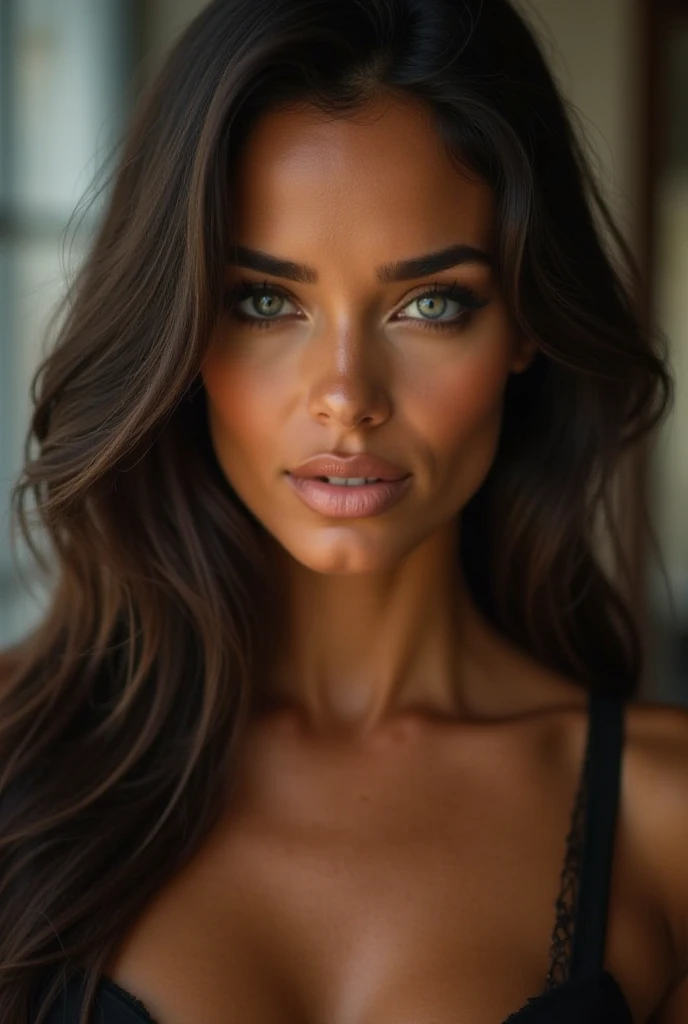 “A highly realistic and stunningly beautiful woman with long, dark brown hair cascading over her shoulders. Her deep blue eyes are captivating, filled with a mysterious allure. She has a confident, sexy expression, with a slight smile that adds to her charm. Her skin is flawless, with a natural glow, and she is dressed in a form-fitting outfit that accentuates her curves, making her appear both elegant and alluring. The lighting is soft, enhancing her features and giving the image a warm, inviting atmosphere.”