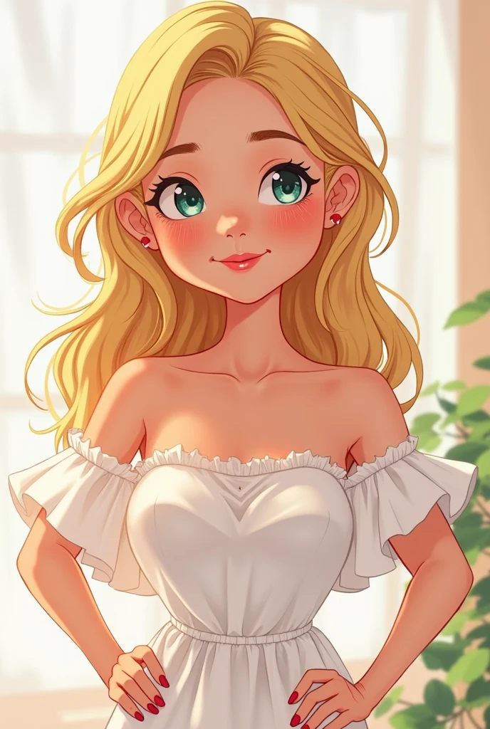 Anime version of Princess Diana, with short razored blonde hair, toned arms and legs and a small scar over her left eye