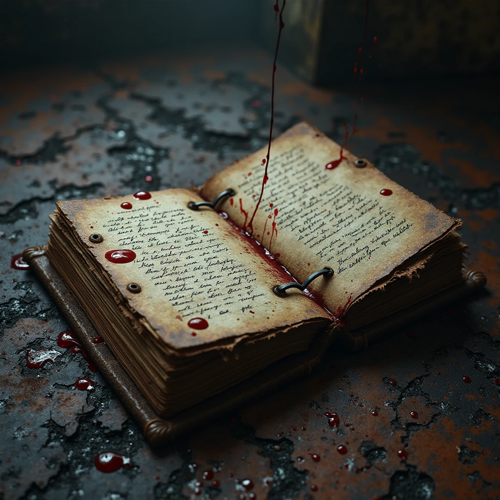 an old book with red writing, blood stained pages and torn pages, there is a small candle on the table. The book is open on a dark wooden table, the place is poorly lit