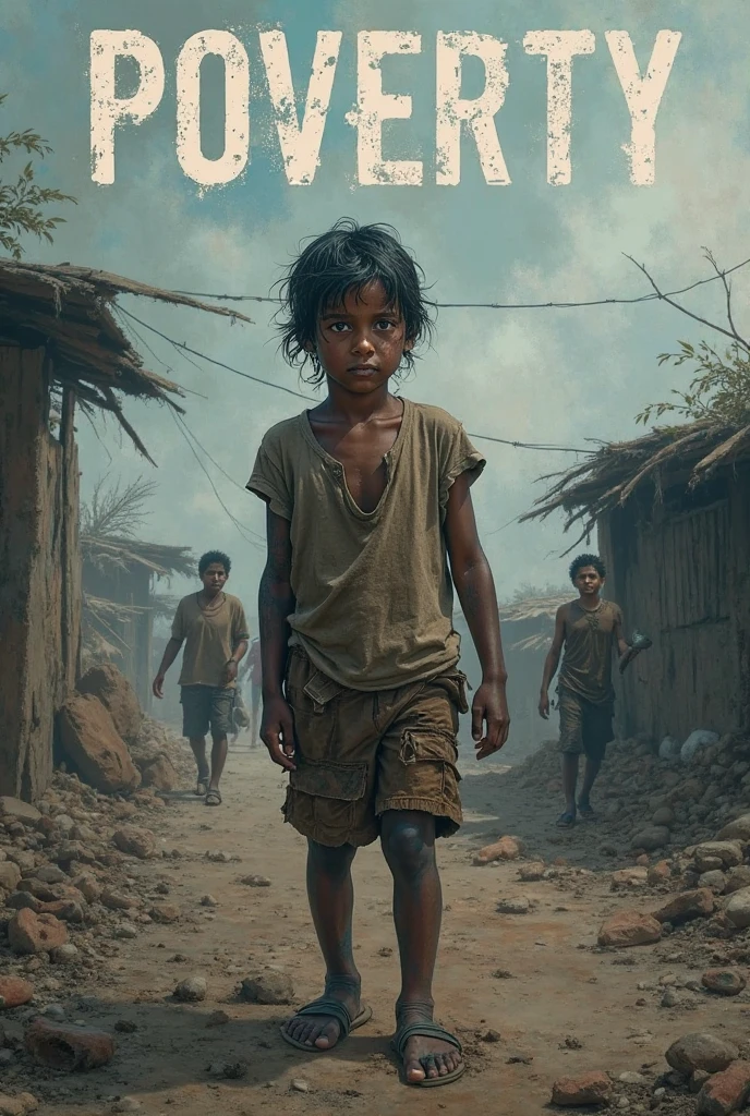 A poor boy, hear modern style , pitting waste , durty clothes , half underwear, side at one man doing lattering , One rupee in hand, weaping , t shirt on writing bold name "GURVINDER"