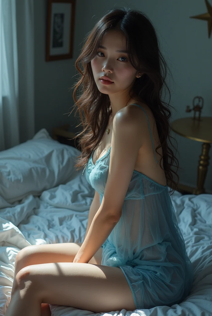 a beautiful asian girl sitting in the bedroom, a short transparent nightgown, long hair, perfect face, cute face, detailed hands, natural lips color, blue eyes, medium breast, glowing eyes, full body, realistic, detailed background
