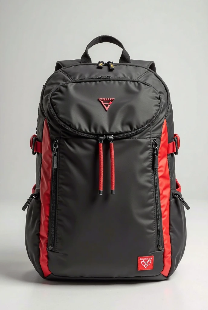 a backpack with umbrella attached behind that can cover all of it, compact, easy to adjust, many compartments, has GPS, round edge and flat bottom, black, rescue equipments, waterproof, fashionable, cute keychain highly detailed, beautiful, small details, ultra detailed, best quality