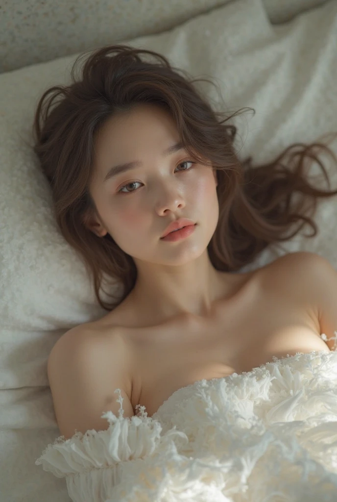 NSFW, ((Highest quality)), ((8K)), ((Masterpiece:1.3)), (perfect appearance), (Realism of light:1.6), (Naked woman wrapped in a white sheet: 1.2), (bedroom in the morning The sun shines in), Japanese woman, 80 years old, ((realistic skin texture)), (Large wrinkles all over the skin: 1.3), (white skin: 1.1), (Moisturized skin: 1.2), (Wrinkles on the face : 1), (Wrinkles at the corners of the eyes: 1.2), Double eyelids, Tear bags on the lower eyelid, (Crying mole: 0.9), Eyes are looking here, Staring earnestly., (dimple: 1.2), long hair , (long wavy hair), (Hair falling out in the ears), Nervous expression, big breasts, Clear breast cleavage (Wrapped in a white cloth around him.: 1.6), (Whole body: 1.4), Beautiful navel, Old Woman's Face, 80 years old.