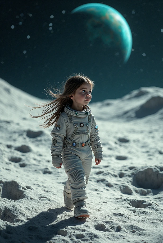 original photo,(A girl in the wasteland, Blonde messy bun, Explorer suit, alien planet, space, starry sky, child, alpine meadow), masterpiece, Award-winning photography, Natural light, perfect composition, high detail, Surreal