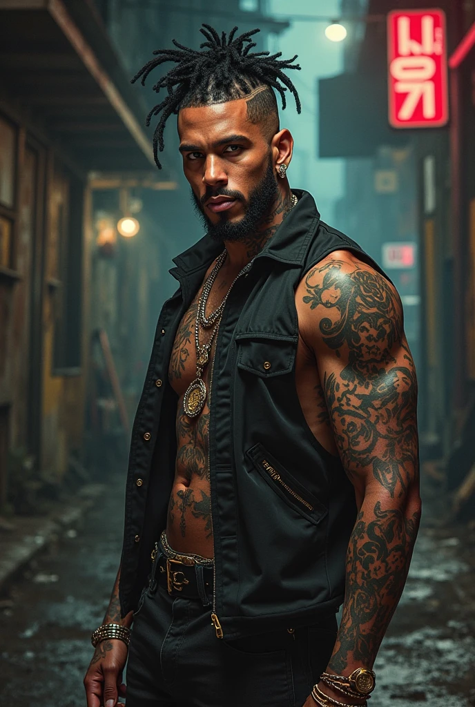 "Dark theme :: Closeup of face, Ultra realistic cyberpunk style muscular tattooed male with piercings and white hair (cornrows) and Balbo sitting :: cyberpunk way (grey eyes) :: cool cyber punk jacket neon eyes :: shirtless:: Afro-American :: natural lighting :: bokeh :: 8k :: Best Quality :: masterpiece :: Futuristic cityscape background"