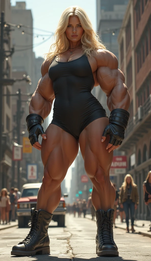((Masterpiece)), ((Best Quality)), ((Solo)), ((alone)), ((1girl)), Girl,long hair,yellow hair,smile,red lips,slanted eyes,pointy eyebrows,wearing earrings,wearing a necklace, (((accurate anatomy))), (((Huge breasts))), ((((long legs)))), ((wide hips)),((((Muscular Quadriceps)))), (((((Massive Female Bodybuilder))))), (((((Huge Muscles))))),wearing a dress,beutiful girl,pose,realistic,