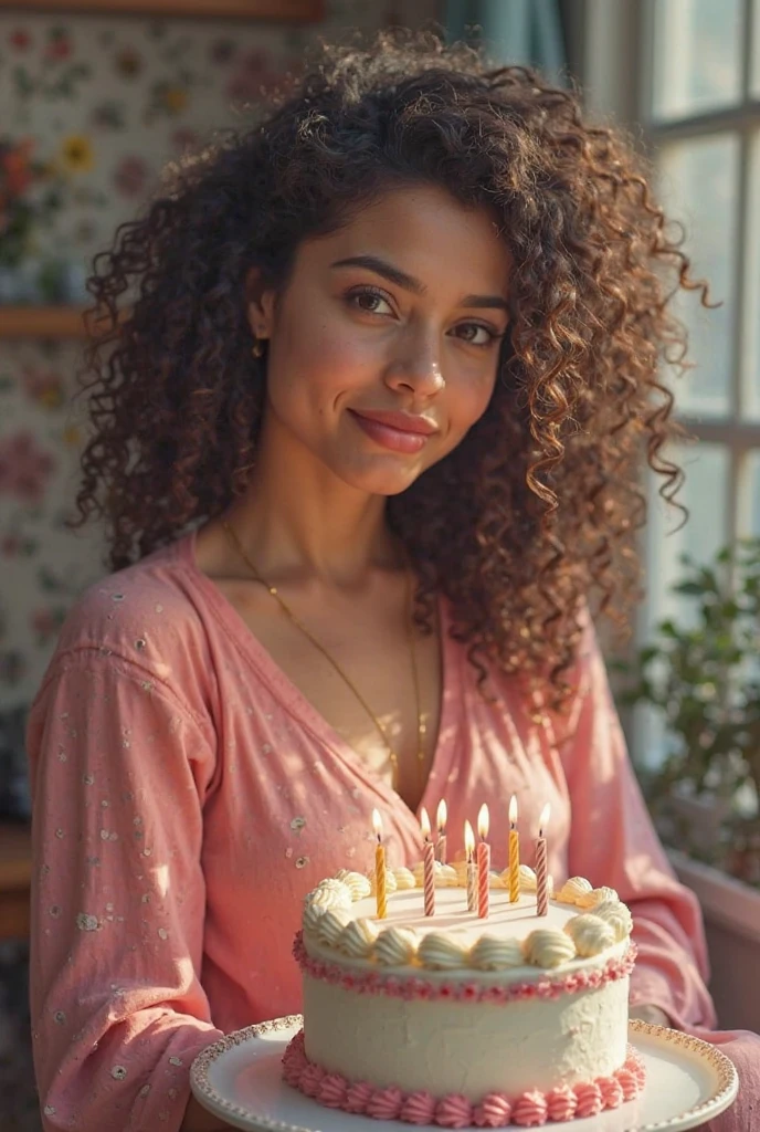 A white Brazilian woman with long curly hair in a birthday photo shoot sitting on a bed with balloons and cake
