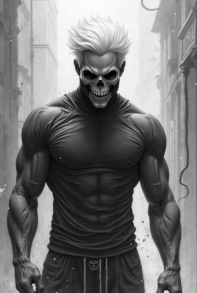 a strong man with defined physique, horror mask, macabre shirtless smile, holding a knife, standing in doorway of room at night, horror movie style illustration, dark moody lighting, dramatic shadows, highly detailed, cinematic, hyper realistic, chiaroscuro lighting, dark subdued colors