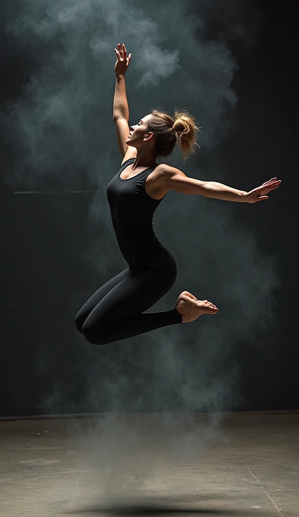 Captured mid-kick, the dancer's leg extends high, demonstrating her flexibility and control. The void black wall behind her intensifies the drama, with smoke spirals framing her figure. The lighting creates a high-definition effect, with strong contrasts and detailed textures. Her black apparel and natural bun hair are sharply in focus, blending movement with stillness. The minimalistic background ensures the viewer's attention is solely on her. The emotion is fierce and determined, reminiscent of Jennifer Lopez's vibrant performance style. Realistic and highly detailed shot of a solo dancer with natural bun hair in a black tank top and leggings, captured in HDR and UHD in a studio with a void black wall and immersive smoke effects.