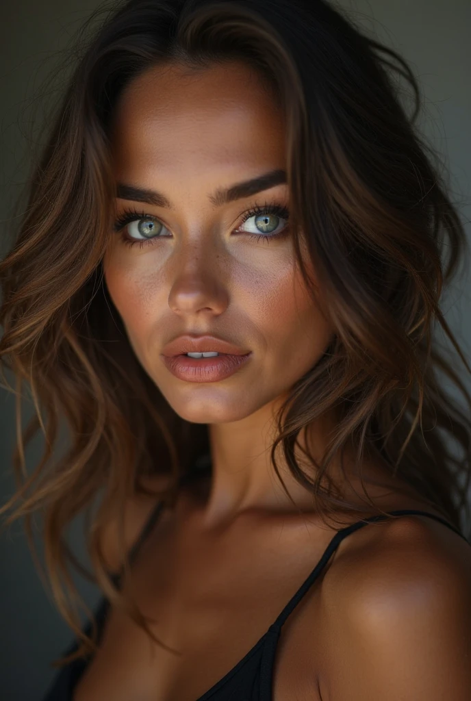 (Foto realisitic de uma linda mulher, 50 years old, grey-eyed, full lips, russet hair, long curly hair, curls, skin tanned, jewelry, realisitic, soft lighting, professional photograpy, photorealisitic, detailded, CRU, sharp focus, ultra-high resolution, best qualityer, work of art, (best qualityer, high resolution, ultra-detailded:1. 2), HDR, light colors, whole body, stylish skirt, top elegante e sexly, curved, sexly, sultry gaze, whole body pic, aretes, barcelona, rooftop bar, sexly, breasts cleavage.