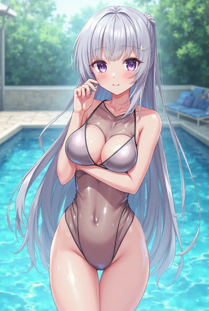(Masterpiece), (Top Quality Anime Illustrations), (Ultra High Definition CG), (Full Hands), One Girl, Solo, Silver-Haired Beautiful Girl, Anime , Cat Ear Lolitite, Thigh Emphasis, Topless, Side Breasts, (Hide Breasts with Hair: 1.5), Striped Panties, Smile, Buttocks, Buttocks Up, (Back), South Island Sea, Water