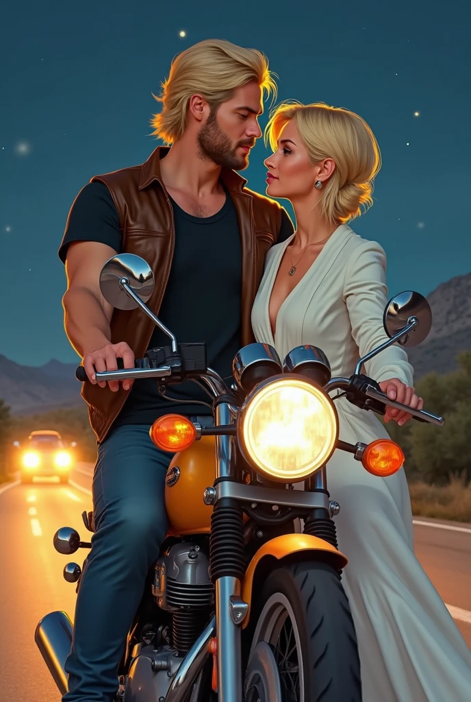 Long blonde straight haired female, curvy, red lips, blombshell and kissing a rugged man with dark hair and a beard on a motorcycle at night 