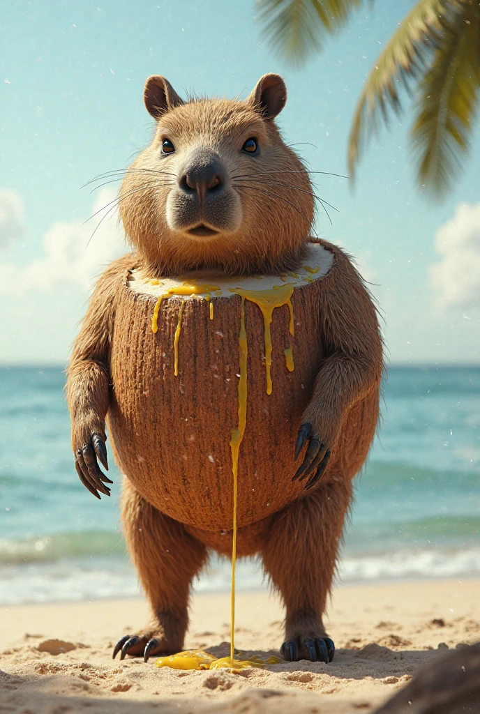 Grizzly bear deformed into an egg shape、Circle々Are fat、Yellow boxer shorts、A person with a large watermelon-patterned inflatable ring around their waist is dancing joyfully.、A big cumulus cloud against a clear blue sky、White sand beach、Falling sun、the brightness of 2 PM and strong shadows、There are many bears of my friends around.、Photorealistic、There are no humans、