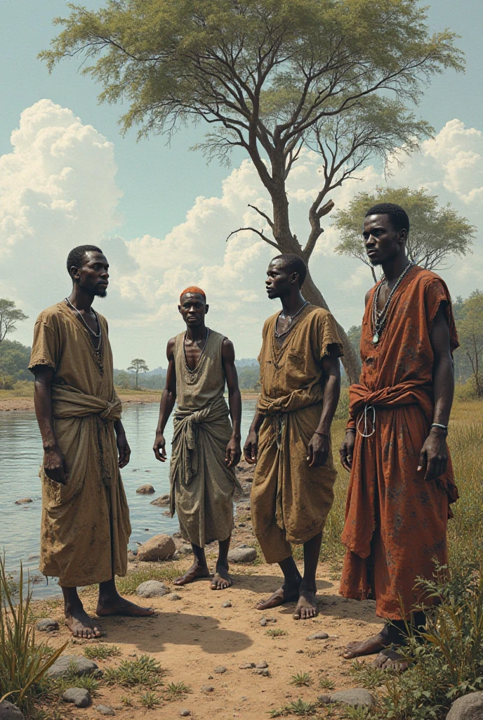 Five half-naked African slaves tied with a rope, descendant un escalier, tristesse dans les yeux, corps entier nu, no clothe, pas de coiffe, cheveux noirs, Dynamic scene from the movie Amistad, looking at the 50mm camera, Realistic photo HD, Diffuse light, Rebel Republic Environment, , hyper detailed, Whole size, Plusieurs hommes et femmes esclaves debout, loin cloth, esclaves, Himba, corps entiers, all are chained, chaines en fer, Hands tied with a large rope, Homme africain, Enslaved humans, Screenshot of movie 300, Samuel Jackson, africain, The man has black skin, Scene from the movie Amistad, dark-skinned, pagne