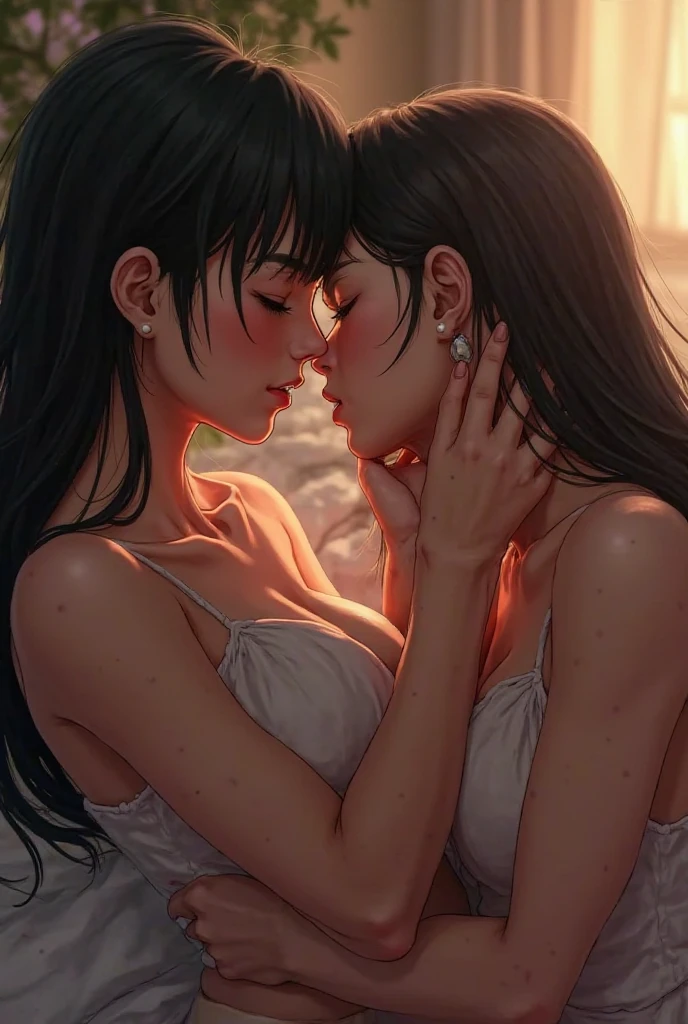 Female couple kissing naked woman in the water on deserted beach at night, (SFW) Work, kissing together cutely, Girl Love Art, OPPEIN, Side milk, Slightly saggy big breasts, small breasts, (((Extra long yellow curly hair))), (((Brown shoulder-length straight hair))), (girl love kiss), The mouth is very detailed,  (girl love hug), touch her clothes, (touching each other&#39;s breasts), ((sweat)), ((wet hair)), SFW version