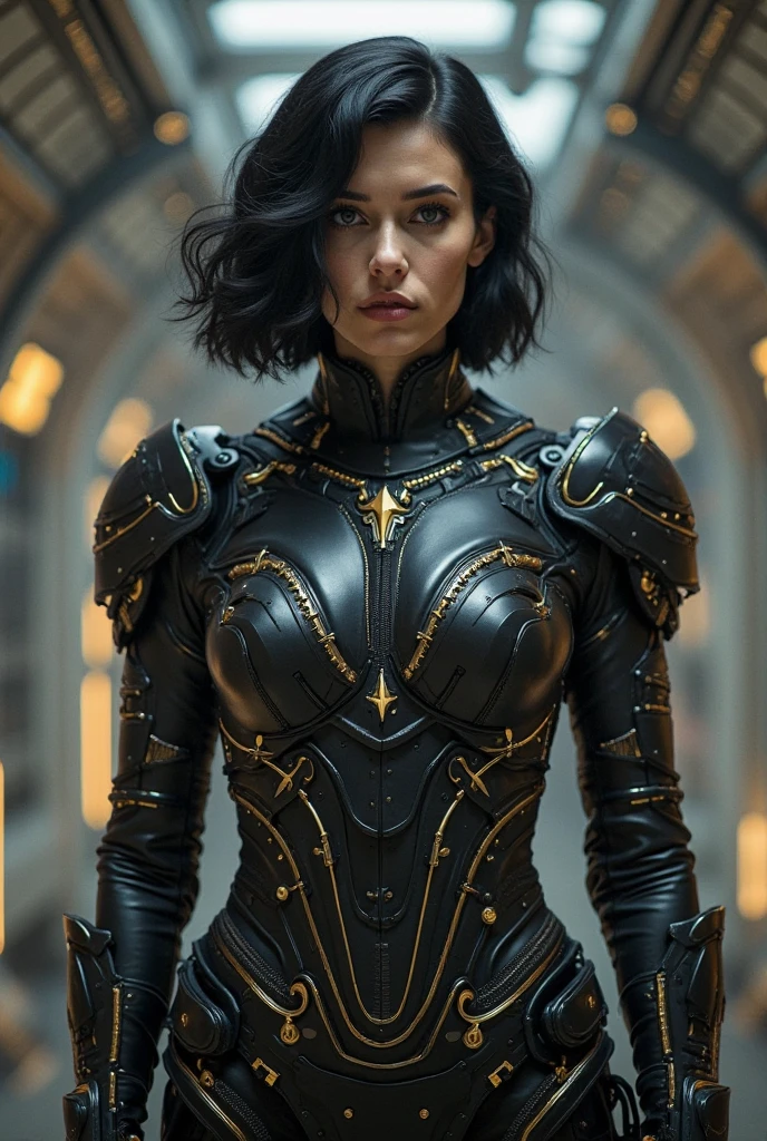 Beautiful woman short hair defined body big breasts, big thighs wearing a black panther suit (avengers) cosplay, holding shield,